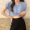 Blusa de Tricô Curta com Gola Redonda Solta para Mulheres Verão 2021 Nova Slim-fit Manga Curta Fina Top