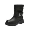 1258-3 Botas Femininas Plataforma Salto Bloco Cano Médio Tornozelo Outono/Inverno Novas com Fivela Quadrada Vintage Desgastada Cinto de Couro