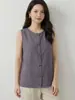 Colete Esportivo Casual Feminino de Verão Algodão e Linho Slim-Fit Solto Sem Mangas Respirável Pied-de-Poule Estilo Retro Old Money