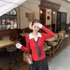 Tricô Falso Duas Peças com Costura Desenhada para Mulheres Inverno Curto Retrô Marrom Manga Longa Camada Base
