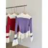 Suéter de Punto con Cuello de Lazo y Mangas de Campana de Bloques de Color para Mujer Invierno 2025 Nuevo Estilo Coreano Volantes Delgado de Punto de Punto Moderno