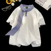 Camisa Polo de Manga Corta Patchwork para Hombre Navigator Estilo Verano Relajado Cuello con Cinta de Seda Versátil Suelta Camiseta