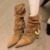 Botas de estilo retro con punta fina, acanaladas y apiladas, para alargar las piernas, adelgazantes, nuevo estilo verano 2026, botas western de tacón alto de moda
