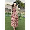 Vestido Largo Estilo Francés 2025 Verano Nuevo Vestido Elegante Estilo Japonés Ceñido a la Cintura Vestido Retro Floral de Rosas con Tirantes Espagueti