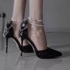 Sapatos Salto Agulha Cristal Negro Cisne Sexy Bico Fino Strass Lantejoula Pérola Laço Fivela Uma Tira para Mulheres