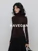 Con Jian Otoño Top Base de Punto Amigable con la Piel de Cuello Alto para Mujer Elástico Ajustado Delgado Top Interior