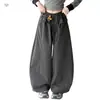 Calças para Meninas 2026 Outono Novo Estilo Crianças Médias e Grandes Casuais Calças de Perna Curva Cintura com Renda Calças de Perna Larga Calças Balloon Calças Longas