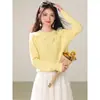 Suéter de punto con lazo, estilo coreano de nicho, se puede usar solo, cuello redondo, versátil, estilo suave, amarillo, corte regular