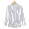 L942 camisa pequeña fresca de cuello mao para hombre lino manga larga corte slim color sólido cuello pequeño camisa blanca algodón lino cuello redondo