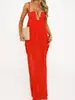 Vestido Largo de Verano para Mujer, Estilo Resort Costero Transfronterizo, Rojo, Cuello en V, Tirantes, Doble Capa de Gasa, Aberturas en la Espalda, Escote de Espalda Descubierta, Abertura Lateral