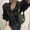 Camisa feminina de alta qualidade de Dongdaemun, Coreia, para o início do outono, com acabamento em renda elegante e babados plissados, de manga longa