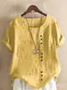 Camiseta Casual de Algodón y Lino para Mujer, Manga Corta, Cuello Redondo, Botones, Estilo Europeo y Americano, para Vacaciones y Calle, 2024