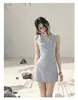 Vestido a cuadros tipo holiday estilo francés AOMALM "Brisa Soplando Sobre las Olas", falda corta ajustada 11049