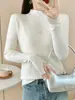Suéter de gola alta média para outono e inverno, nova blusa básica de tricô cor sólida para mulheres, top justo com listras verticais para mulheres