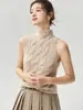 Coleção Outono 2026: Suéter Feminino Slim Fit Sem Mangas em Tricô Trançado com Gola Meia-Alta, Elegante e Versátil para o Trabalho e o Dia a Dia