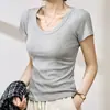 Camiseta de Algodão com Costura Canelada de Alta Elasticidade para Mulheres, Manga Curta, Novo Estilo Verão 2026, Emagrecedora, Toque de Luxo, Top Versátil, Camiseta Básica com Base de Ombro Regular