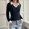 Outono Inverno 2026 Novas Peças Íntimas Tricô Europeu e Americano Transfronteiriço TikTok Falso Duas Peças Bloco de Cores Patchwork Suéter de Manga Longa Feminino