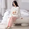 Pijama de algodón puro para mujer, estilo primavera y otoño, manga larga, pantalón largo, cuello redondo, talla grande, dulce y lindo, adecuado para usar en casa y al aire libre