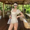 Traje de baño de una pieza para mujer, estilo nuevo 2025, que disimula el abdomen, adelgazante, estilo puro y sexy, con cortes, conservador, fruncido, traje de baño para aguas termales