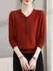 Suéter de tricô com decote V novo para 2026, transfronteiriço, estiloso e versátil, de manga longa, tamanhos grandes, adequado para mães, blusa básica modeladora e elegante