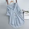 Grandes Cantidades en Stock de Camisas de Mujer de Estilo Nuevo Europeo y Americano de Amazon, Sueltas, con Rayas Verticales, de Longitud Media, Camisas de Manga Larga Casuales y de Moda