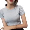 Camiseta de algodón acanalada de manga corta para mujer, de verano, de tiro alto, ajustada, camiseta base adelgazante, color liso, versátil, top ajustado, moderno