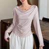 Camiseta de Manga Larga con Diseño de Silueta, Corbata de Lazo y Cuello Alto para Mujer, Top Asimétrico de Hombro Descubierto de Alta Gama para Otoño