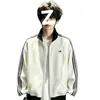 Chamarra a rayas de bloques de color, unisex, colección de otoño, cárdigan de punto texturizado, sudadera con cuello alto, atuendo de pareja estilo americano, top estilo preppy