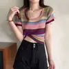 Camiseta de Mujer Verano Rayas Arcoíris Color de Contraste Cuello Cuadrado Hombro Top Corto Reductor de Edad Dopamina Puro Deseo Manga Corta Versátil