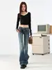 Calça jeans flare estilo americano para mulheres, coleção primavera/outono 2026, lavagem azul vintage, comprimento total, hot girl, stretch, cintura ultrabaixa, boca de sino