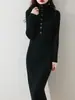 Vestido Largo de Solapa con Múltiples Botones de Lana Pura, Vestido Suéter Retro Otoño e Invierno, Abrigo Ajustado con Falda de Punto