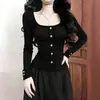 Camiseta de Manga Larga Negra con Botones y Cuello en U de Alta Gama Estilo Coreano para Mujer Primavera Otoño Chica Picante Adelgazante Capa Interior Capa Base Top