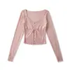 Ap26007-26 Estilo Novo de Início de Primavera Estilo Francês Casual Gola Quadrada Manga Longa Botão Único Fita Slim Fit Tricô