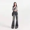 Jeans Oscuros de Tiro Bajo Estilo Americano Picante para Mujer, Jeans Lavados Acampanados de Pierna Ancha, Pantalones Casuales de Largo Hasta el Suelo