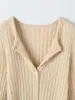Nuevo top de punto acanalado de manga larga ajustado, estilo francés, apto para la piel, 100% cachemira pura, cuello en V, para otoño e invierno
