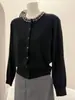 Cárdigan de Mezcla de Lana con Pedrería y Cuello Redondo para Mujer Primavera 2026, Suéter Delgado de Punto Estilo Oficinista, Chaqueta Elegante