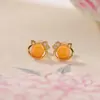 Yiluyin Prata Esterlina S925 Banhado a Ouro Vermelho Água Ágata Vermelha do Sul Cera de Abelha Laço Gato Contas Redondas Brincos Elegantes
