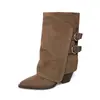 Botines de mujer hasta la pantorrilla con hebilla de ante de vaca, nuevo estilo coreano de otoño, color liso, punta cuadrada, tacón alto grueso, botines de mujer hasta la pantorrilla