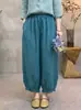 Calça pantalona de algodão e linho retrô da moda, calça casual de verão que afina o corpo com bordas franzidas, calça cropped feminina versátil com acabamento floral
