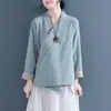 Nueva Camisa Diagonal Literaria con Botones de Rana para Mujer Estilo Nuevo Primavera Otoño Estilo Chino Hanfu Top de Algodón Lino Ropa Retro Zen para Té