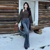 Calça Jeans Flare de Barra Desfiada com Franjas Estilo Americano para Mulheres, Novo Outono 2026 Cintura Alta Slim Fit Comprimento Total Flare