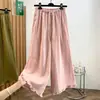 Calça Casual Feminina de Verão, Cintura Alta, Cropped, Algodão e Linho, Perna Larga, Renda, Cordão de Amarração, Orelha de Madeira, Babado, Modelo Balão, Calça Casual