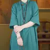Novo top feminino de verão estilo chinês, moda retrô, gola alta, carcela diagonal, algodão-linho, com botões de contas de vidro e mangas de três quartos, comprimento médio, top tipo vestido de chá