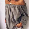 Camisa de Mujer de Manga Larga, Color Sólido, Algodón-Lino, Fruncida Elástica, Hombros Descubiertos, Talla Grande Holgada, Estilo Europeo y Americano, En Stock, 2026