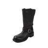 Hebilla de Cinturón Retro de Piel de Vaca Lavada de Primera Capa de Alta Calidad Botas de Caballero 2025 Tacón Medio Grueso Punta Redonda Botas de Cuero Genuino de Media Pantorrilla para Mujer