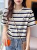 Camiseta de Cuello Redondo con Bordado en el Hombro para Mujer Verano Versátil Rayas Top Corto Pequeño Ancho Esposa Estilo Camisa Base A3721