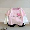 Camiseta Manga Longa Outono Nova Infantil Coreana Desenho Animado Falsa Duas Peças Gola Redonda Camisa Base da Moda para Bebê Menina