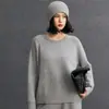 Suéter de Punto de Cachemira 2026 Otoño/Invierno Nuevo para Mujer, Corto, Holgado, Liso, Cuello Redondo, Manga Raglán, Color Sólido