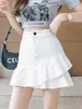 Falda corta de mezclilla irregular línea A 2025 para mujeres petite, con volantes, cola de pez, cintura alta, estilizante, sexy, ajustada, verano