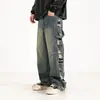 Jeans retrô lavado, rasgado e remendado de alta rua americano 2026 para homens, marca da moda, caimento solto, calça reta versátil de perna larga